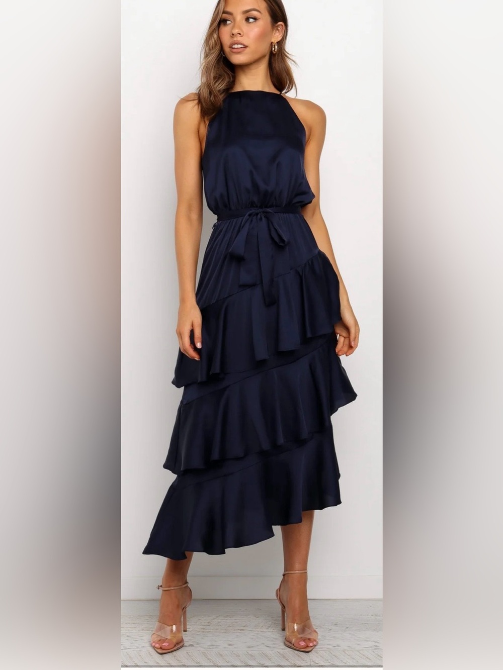 Petal & Pup Seychelles Navy Tiered Ruffle Maxi Dress with Tie Waist